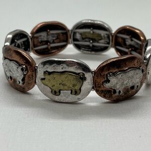 Pig Motif Mixed Metal Stretch Bracelet - Silver, Copper, Brass Tones